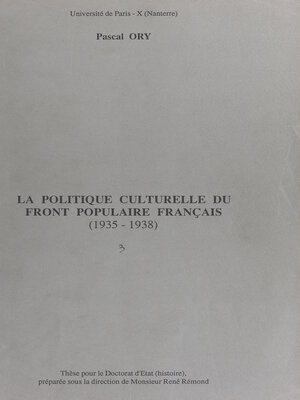 cover image of La politique culturelle du Front populaire français (1935-1938)
